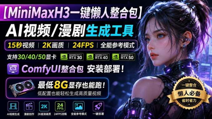 MiniMaxH3一键懒人整合包:AI视频/漫剧生成工具,15秒视频_2K画质_24FPS_全能模式,支持30_40_50显卡,8g显存也能跑