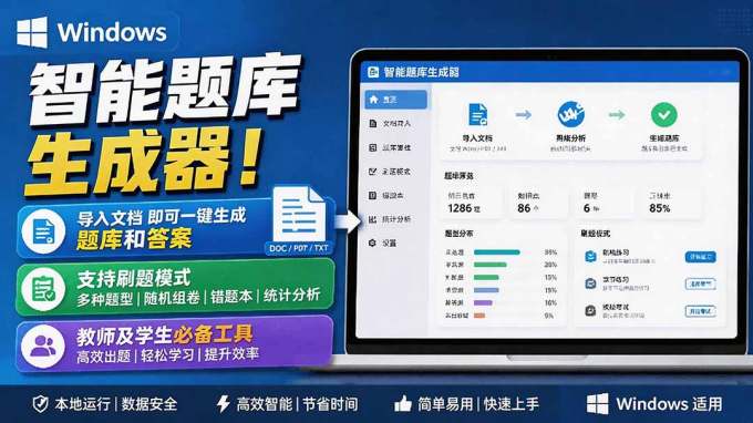 Windows 智能题库刷题软件!导入文档一键生成题库和答案,并支持刷题模式,教师及学生必备工具 原创
