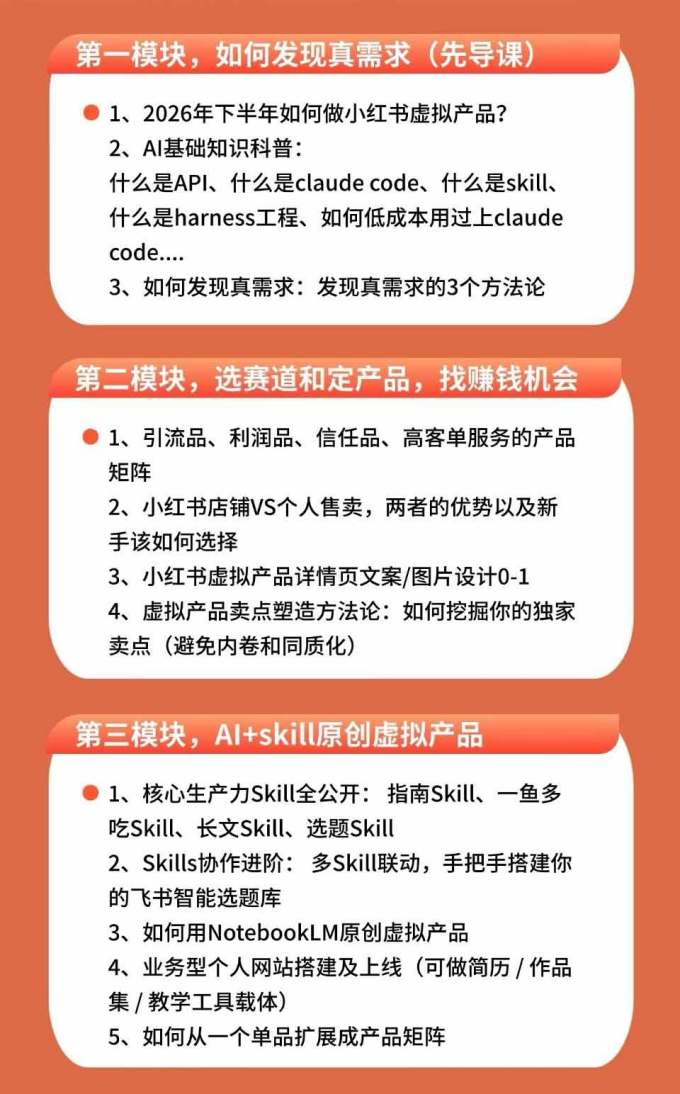 小红书虚拟产品14天实战变现营-第7期:需求挖掘×AI+Skill原创×产品矩阵×内容笔记×一人公司进阶×全链路
