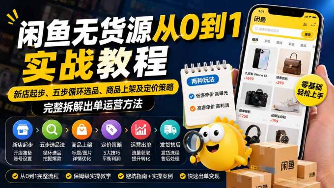 闲鱼无货源从0到1实战教程——新店起步、五步循环选品、商品上架及定价策略,完整拆解出单运营方法