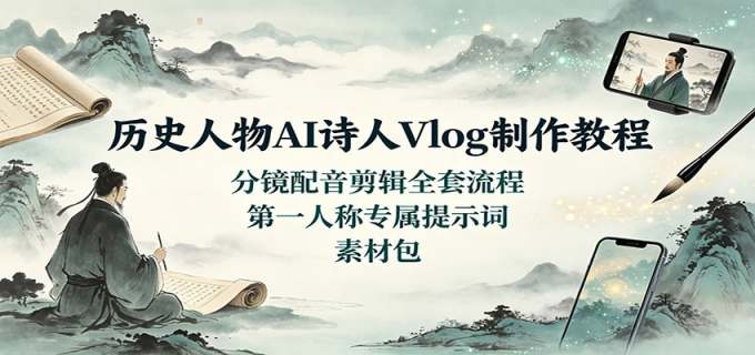历史人物AI诗人Vlog制作教程：分镜配音剪辑全套流程，第一人称专属提示词素材包