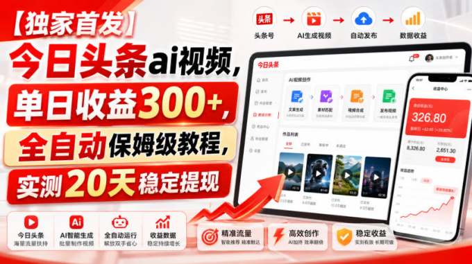 【独家首发】今日头条ai视频,单日收益300+,全自动保姆级教程,实测20天稳定提现