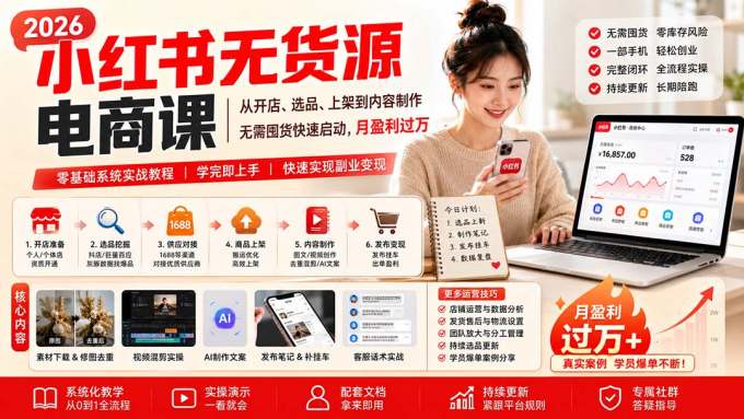 小红书无货源电商课(8月30更新)：从开店、选品、上架到内容制作，无需囤货快速启动，月盈利过万