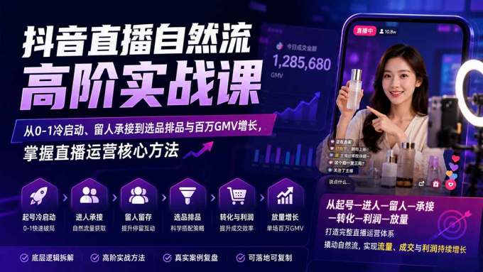 抖音直播自然流高阶实战课：从0-1冷启动、留人承接到选品排品与百万GMV增长，掌握直播运营核心方法