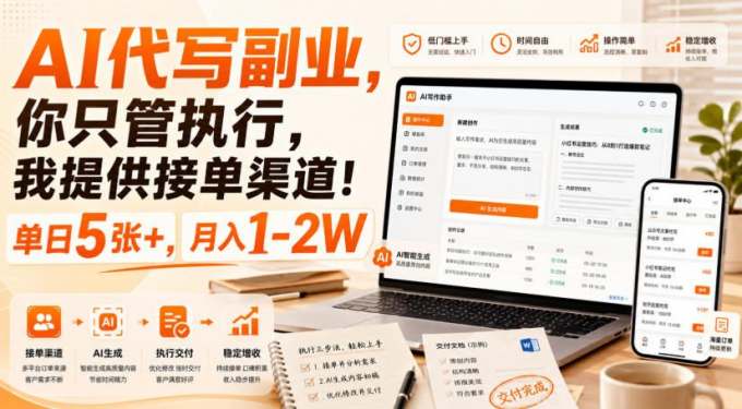 AI代写副业，你只管执行，我提供接单渠道！单日5张+，月入1-2W