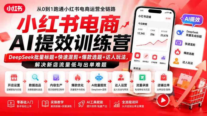 小红书电商AI提效训练营—DeepSeek批量标题+快速混剪+爆款选题+达人玩法，解决新店流量低与出单难题
