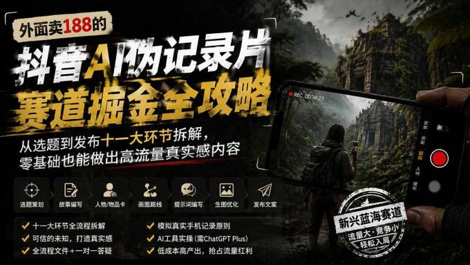 外面卖188的抖音AI伪记录片赛道掘金全攻略-更新；从选题到发布十一大环节拆解，零基础也能做出高流量真实感内容