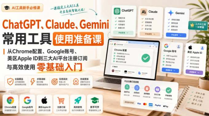 ChatGPT、Claude、Gemini常用工具使用准备课｜从Chrome配置、Google账号、美区Apple ID到三大AI平台注册订阅与高效使用零基础入门