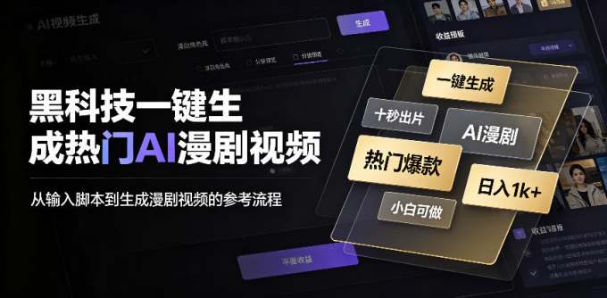 黑科技一键生成热门AI漫剧视频，十秒钟即可搞定，小白也能日入1k+