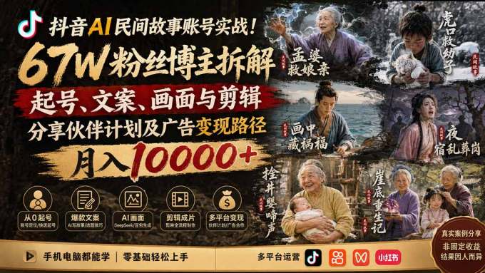 抖音AI民间故事账号实战!67W粉丝博主拆解起号、文案、画面与剪辑,分享伙伴计划及广告变现路径,月入10000+