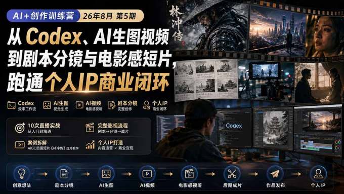 AI+创作训练营26年8月第5期：从Codex、AI生图视频到剧本分镜与电影感短片，跑通个人IP商业闭环