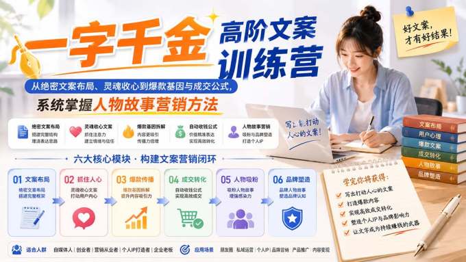 一字千金高阶文案训练营：从绝密文案布局、灵魂收心到爆款基因与成交公式，系统掌握人物故事营销方法