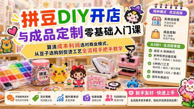 拼豆DIY开店与成品定制零基础入门课；算清成本利润选对商业模式，从豆子选购到熨烫工艺全流程手把手教学