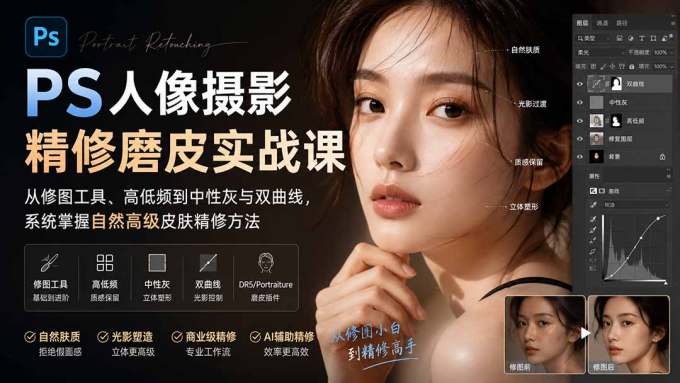PS人像摄影精修磨皮实战课:从修图工具、高低频到中性灰与双曲线,系统掌握自然高级皮肤精修方法