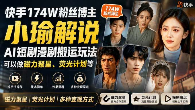 快手174W粉丝博主小瑜解说AI短剧漫剧搬运玩法，可以做磁力聚星、荧光计划等