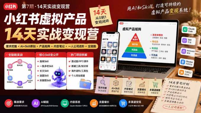 小红书虚拟产品14天实战变现营-第7期:需求挖掘×AI+Skill原创×产品矩阵×内容笔记×一人公司进阶×全链路