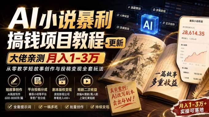 AI小说暴利搞钱项目教程-更新，大佬亲测月入1-3万，从零教学短故事创作与投稿变现全套玩法