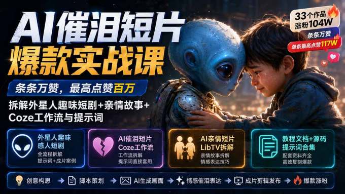 AI催泪短片爆款实战课：条条万赞，最高点赞百万，拆解外星人趣味短剧+亲情故事+Coze工作流与提示词