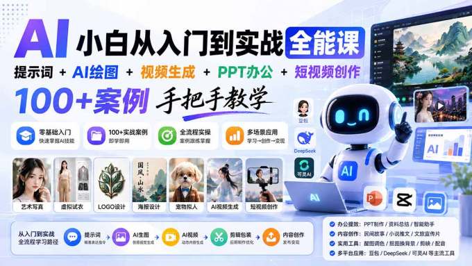 AI小白从入门到实战全能课：提示词+AI绘图+视频生成+PPT办公+短视频创作，100+案例手把手教学