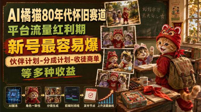 AI橘猫80年代怀旧赛道，平台流量红利期，新号最容易爆，伙伴计划-分成计划-收徒商单等多种收益