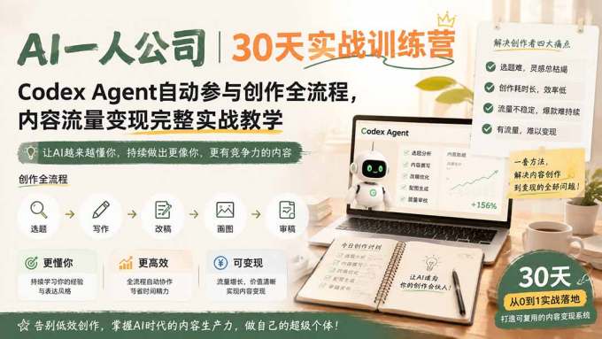 AI一人公司|30天实战训练营;Codex Agent自动参与创作全流程,内容流量变现完整实战教学