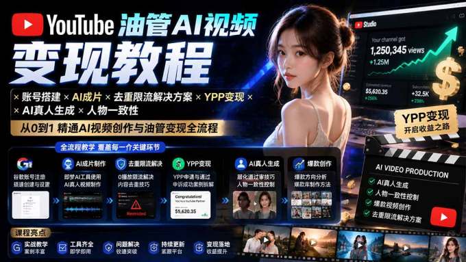 YouTube油管AI视频变现教程:账号搭建×AI成片×去重限流解决方案×YPP变现×AI真人生成×人物一致性