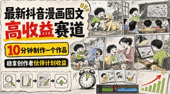 最新抖音漫画图文高收益赛道,10分钟制作一个作品,稳拿创作者伙伴计划收益