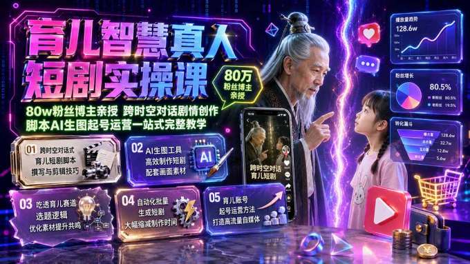 育儿智慧真人短剧实操课｜80w粉丝博主亲授，跨时空对话剧情创作，脚本AI生图起号运营一站式完整教学