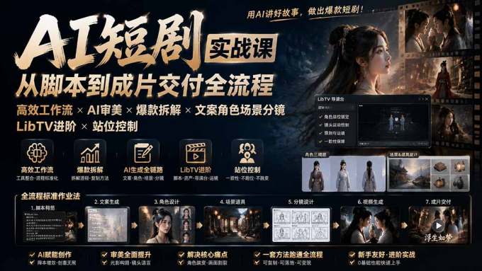 AI短剧实战课：高效工作流×AI审美×爆款拆解×文案角色场景分镜×LibTV进阶×站位控制×从脚本到成片交付全流程