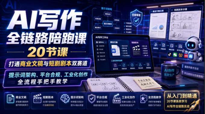 AI写作全链路陪跑课｜20节课打通商业文稿与短剧剧本双赛道，提示词架构、平台合规、工业化创作全流程手把手教学