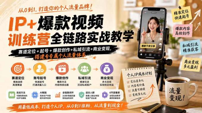 IP+爆款视频训练营全链路实战教学；赛道定位+起号+爆款创作+私域引流+商业变现，搭建专属个人流量体系