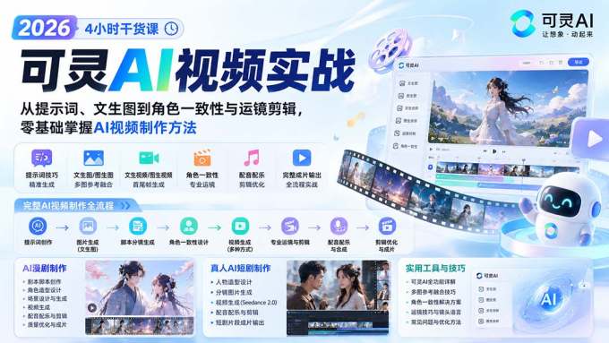 2026可灵AI视频实战-4小时干货课:从提示词、文生图到角色一致性与运镜剪辑,零基础掌握AI视频制作方法