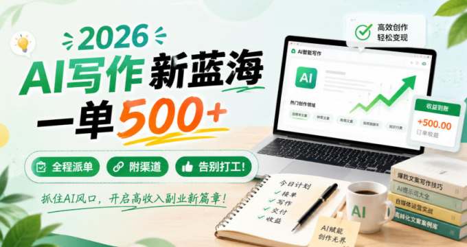 2026 AI写作新蓝海，一单500+，全程派单，附渠道，告别打工！