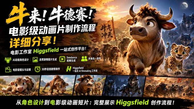 牛来!牛德赛!电影级动画片制作流程详细分享!电影工作室Higgsfield一站式创作平台!