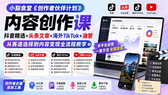 小豁食堂《创作者伙伴计划》内容创作课：抖音精选+头条文章+海外TikTok+油管，从赛道选择到内容变现全流程教学