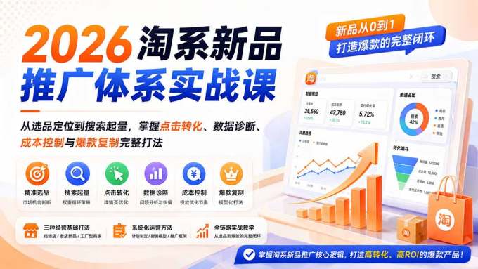 2026淘系新品推广体系实战课：从选品定位到搜索起量，掌握点击转化、数据诊断、成本控制与爆款复制完整打法