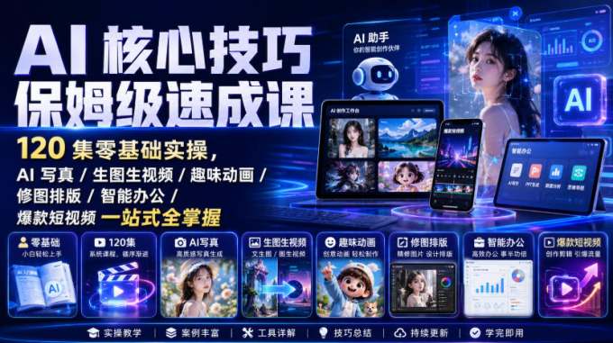 AI核心技巧保姆级速成课｜120集零基础实操，AI写真/生图生视频/趣味动画/修图排版/智能办公/爆款短视频一站式全掌握
