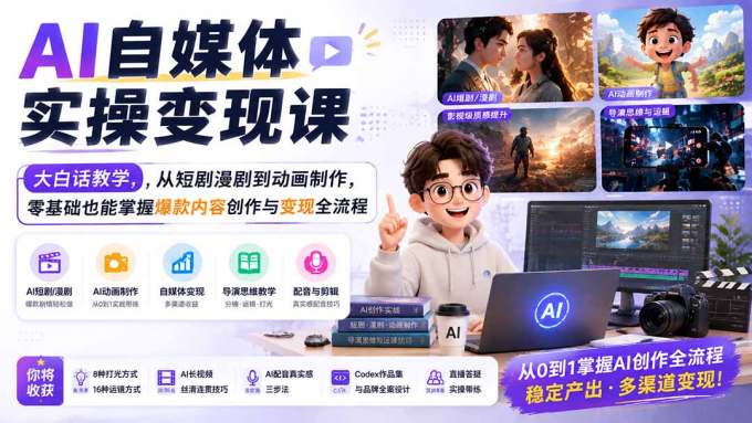 AI自媒体实操变现课|大白话教学,从短剧漫剧到动画制作,零基础也能掌握爆款内容创作与变现全流程