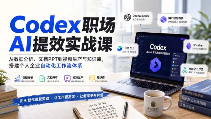 Codex职场AI提效实战课:从数据分析、文档PPT到视频生产与知识库,搭建个人企业自动化工作流体系