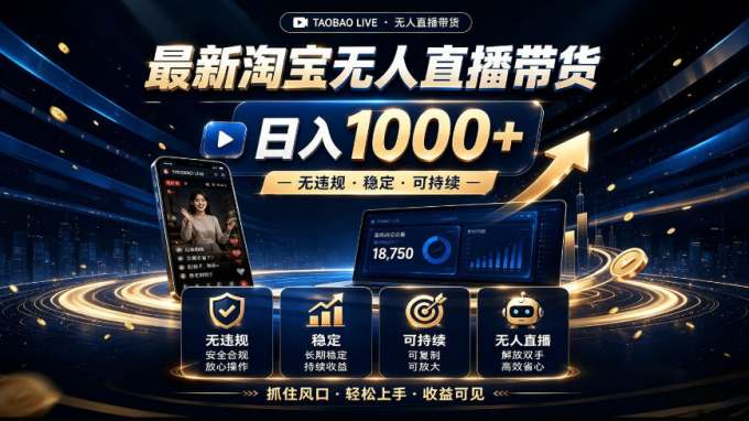2026最新淘宝无人直播带货,日入1k+,无违规·稳定·可持续,抓住风口,轻松上手,收益可见
