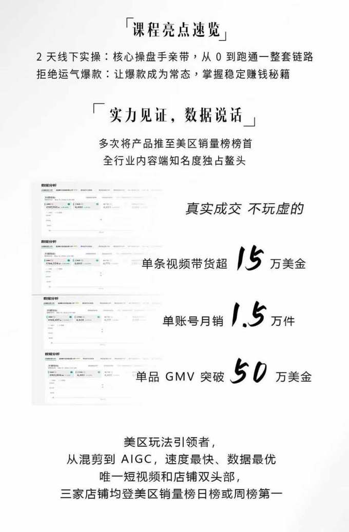 AIGC×TikTok美区短视频带货线下课;两天一夜完整回放,12小时高清视频收录头部操盘手全流程教学