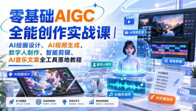 零基础AIGC全能创作实战课｜AI绘画设计、AI视频生成、数字人制作、智能剪辑、AI音乐文案全工具落地教程