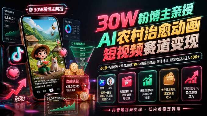 30W粉博主亲授AI农村治愈动画短视频赛道变现:60条作品起号×单条涨粉1W+×极易进精选+伙伴计划,稳定收益×日入400+