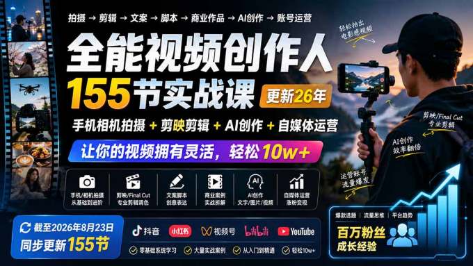 全能视频创作人155节实战课-更新26年8月:手机相机拍摄+剪映剪辑+AI创作+自媒体运营,让你的视频拥有灵活,轻松10w