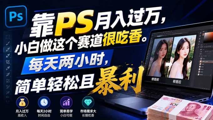 靠PS月入过万，小白做这个赛道很吃香。每天两小时，简单轻松且暴利