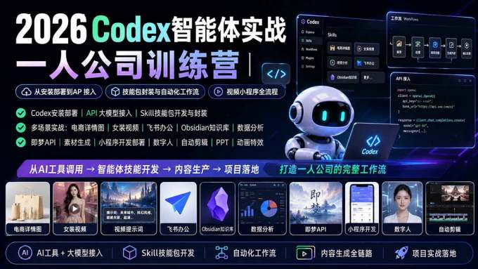 2026Codex智能体实战｜一人公司训练营｜从安装部署到API接入｜技能包封装与自动化工作流｜视频小程序全流程