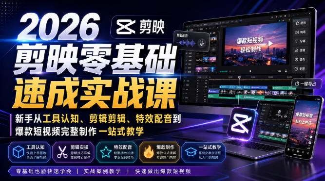 2026剪映零基础速成实战课|新手从工具认知、剪辑剪辑、特效配音到爆款短视频完整制作一站式教学
