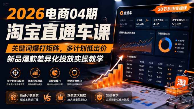 2026电商04期淘宝直通车课|关键词爆打矩阵,多计划低出价,新品爆款差异化投放实操教学