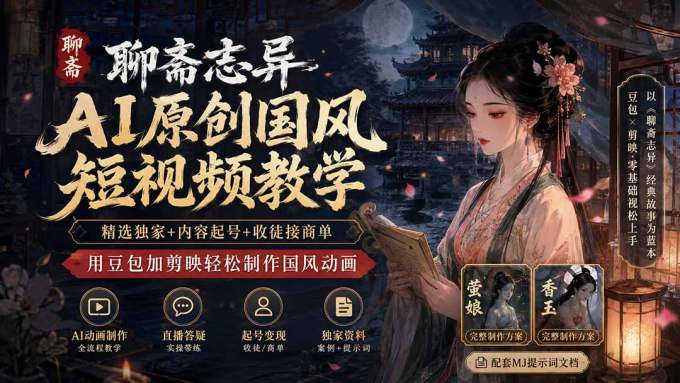 聊斋志异AI原创国风短视频教学；精选独家+内容起号+收徒接商单，用豆包加剪映轻松制作国风动画