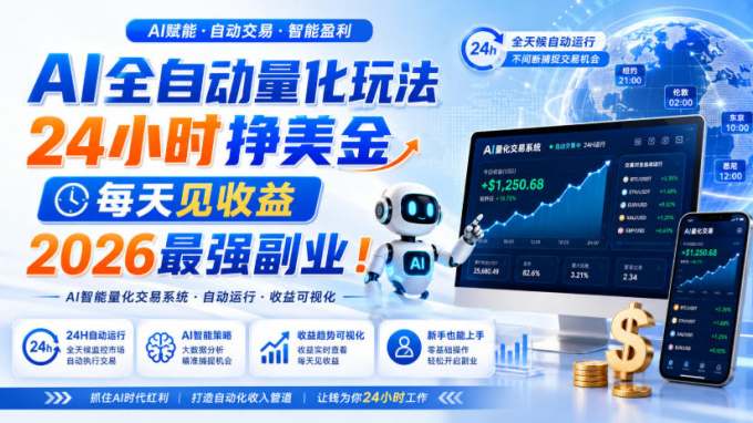 AI量化全自动操作挣美金，矩阵可日入1000+，适合普通人的副业！
